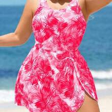 Swim Lushore Plus Size Women Swimsuit Dress With Colorful Leaf Print, Beach Holiday For Summer Beach Vacation - Rosa Fucsia - Ver 1