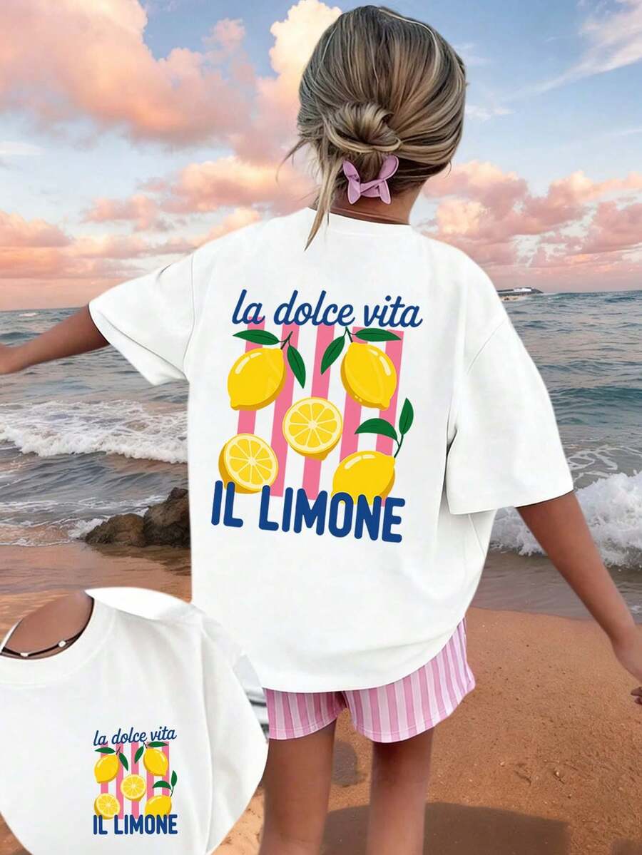 青少年女孩度假風印花T恤,適合旅行與度假穿著,時尚春夏休閒百搭上衣 - 白色 - 查看 1
