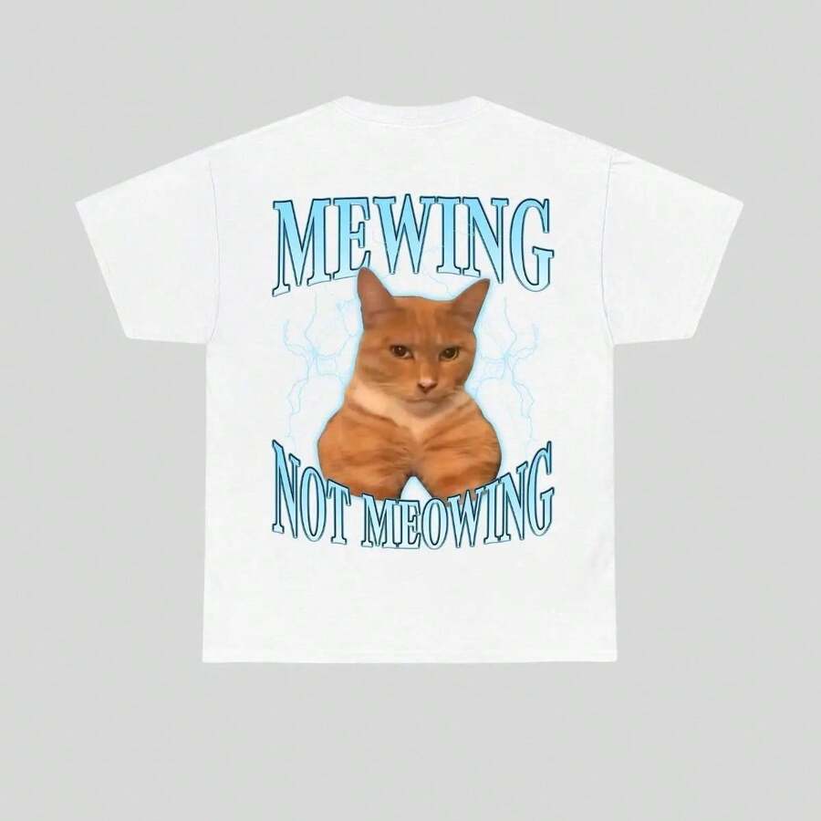 2026 Summer New Funny Cat Meme T-Shirt - Mewing LooksMax Meowing Cat Graphic Tee, Unisex Cotton Outfit For Men & Women, Daily Retro Street T-Shirt - 白色 - 查看 1