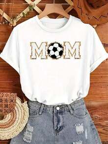 Women's Soccer Mom Pattern Printed T-Shirt - Casual Short Sleeve Crew Neck Top With Leopard Print Decoration, Mixed Gray Color, Machine Washable, Comfortable For Sporty Moms And Everyday Wear, Soft And Durable Fabric, Casual Wear, Comfortable Material, Everyday Basic T-Shirt - 白色的 - 查看 6