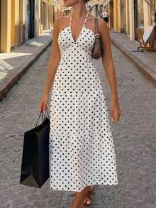 Vestido de gasa con cuello halter y espalda descubierta con nudo para mujeres, ideal para resort, boda y eventos - Blanco - Ver 9