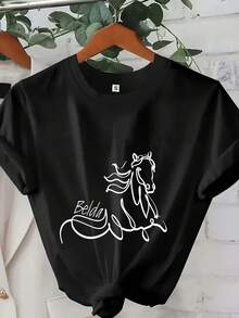 Camiseta personalizada con nombre y diseño de caballo, ideal para entusiastas del mundo equino, perfecta como regalo para familiares y amigos - Negro - Ver 7