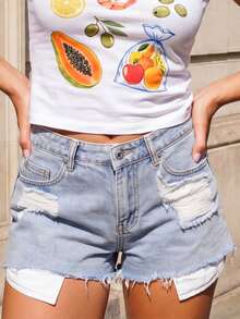 Women's Slim Ripped Denim Shorts Mid Rise Distressed Jean Shorts Frayed Hem Summer Bottoms - Light Blue - View 4