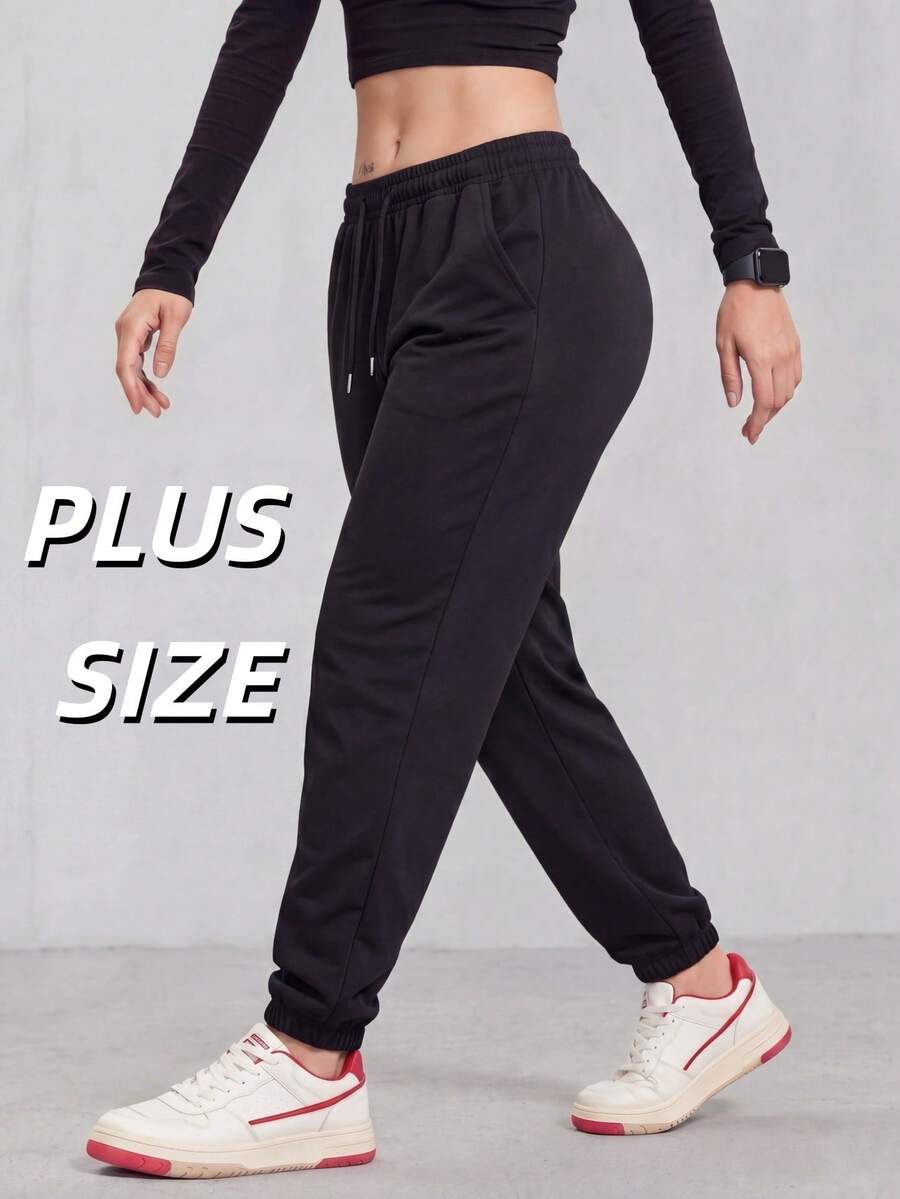 Plus Size Women's Sweatpants, Solid Color Casual Pants For Autumn/Spring, Drawstring Waist With Zipper Pockets, Suitable For Yoga, Running, Workout Sports - Black - View 1