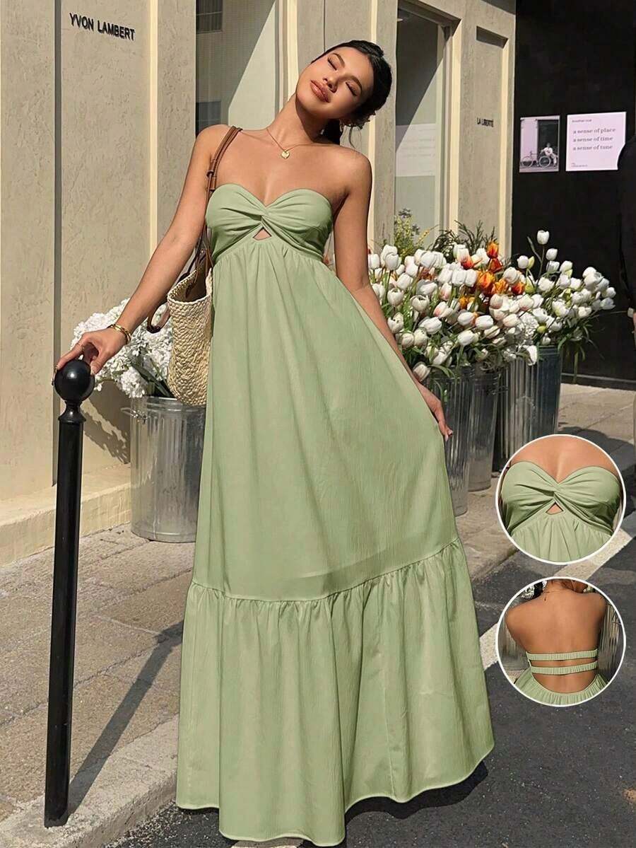 Vestido halter largo de color azul cielo estilo bohemio, para primavera/verano - Verde lima - Ver 1