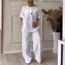 Casual Linen Co-Ord Set Ladies With Single Button Detail And Elastic Waist Trousers - Dark Grey - View 4