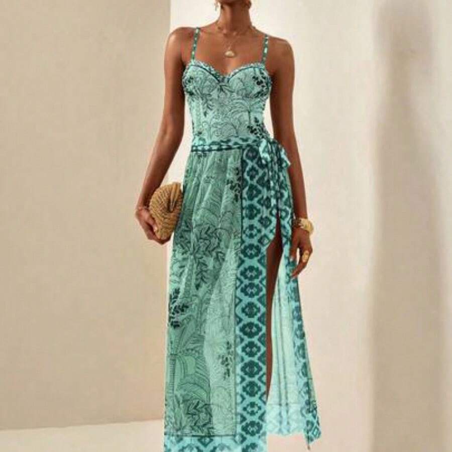 Women's 2 Pieces Botanical Print Sexy Spaghetti Strap One-Piece Swimsuit With Tie-Side Skirt, Summer - Azul menta - Ver 1