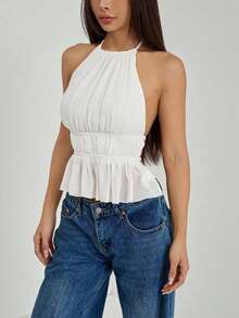 Top de tirantes sin espalda con cuello de halter y cintura anudada plisada para mujer - Blanco - Ver 4