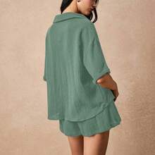 Conjunto De Dos Piezas De Verano Para Mujer, Conjunto De Playa De Dos Piezas, Tela De Texturizado, Raglan Con Puños, Shorts Con Bolsillos Laterales, Adecuado Para Vacaciones, Camisa Suelta Relajada - 1 - Ver 6