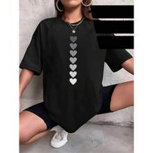 Sitio independiente de comercio exterior transfronterizo: Camiseta de algodón puro para mujer, de corte holgado, de longitud media, manga corta, con estampado de corazones en degradado, estilo europeo y americano. - Negro - Ver 2