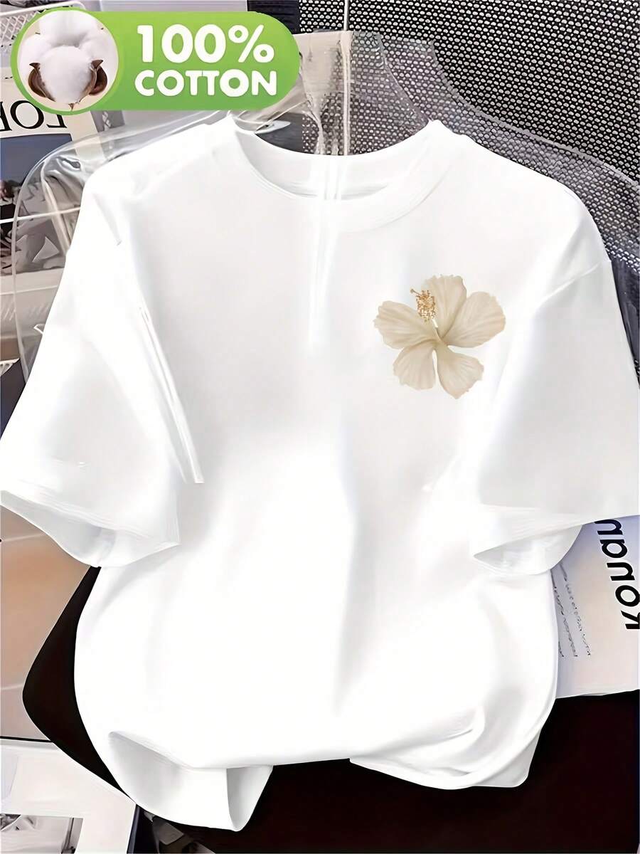 Camiseta de Mujer 100% Oversized de Cuello Redondo y Manga Corta con Estampado Floral - Top Casual de Ajuste Holgado Ideal para Uso Todo el Año, Ropa de Descanso y Outfits Diarios - Suave y Transpirable, No Blusa