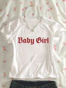 Women's Short-Sleeved T-Shirt With Slogan Print, Round Neck, Casual And Versatile Style, For Leisure Time. - White 13 - View 3