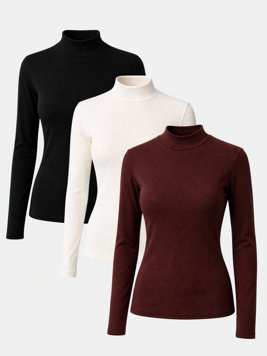 Set Of 3 Women's Long-Sleeved Turtleneck Ribbed Knit Sweaters - Basic Blouse - 棕色,白色和黑色 - 查看 1