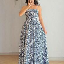 Women's New Waist-Cinching Spaghetti Strap Backless Blue & White Porcelain Ditsy Floral Dress, Fashionable & Elegant Casual Holiday Dress - Multicolor - Ver 4