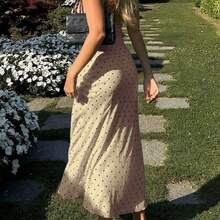 Yuwenier Elegant Romantic A-Line Satin Polka Dot Print Maxi Dress, Lace Patchwork Spaghetti Strap, Open Back, Suitable For Valentine's Day, Music Festival, Beach Holiday Black Summer - Negro - Ver 3