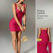 Sexy Solid Color Knit Spaghetti Strap Sleeveless Mini Dress, Bodycon Party Holiday Dress For Women Tummy Control Dress Shapewear Dress Bandage Dress For Women White Dress - Rosa Fucsia - Ver 1