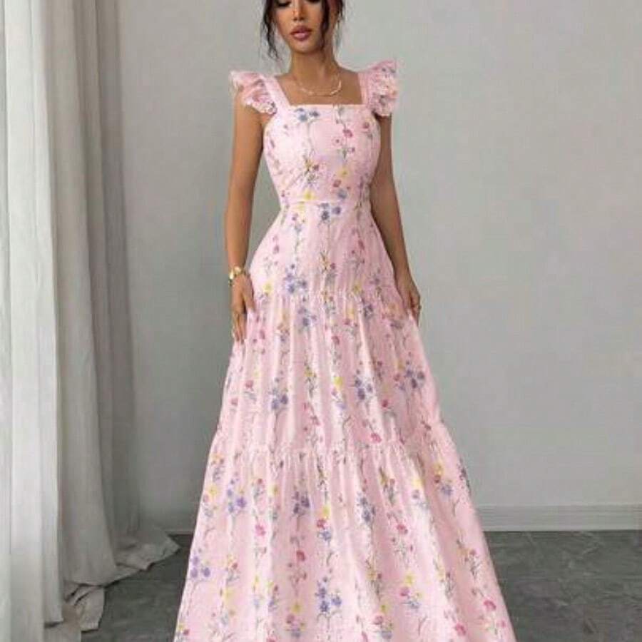 Elenzya Women's Floral Print Ruched Waist Elegant Long Dress, Suitable For Dates And Parties - Rosa Pálido - Ver 1