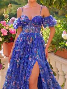 Faeriesty Đầm chiffon xếp lớp in họa tiết, trễ vai, thanh lịch, thích hợp chụp ảnh bên hồ, chụp ảnh lãng mạn trong vườn, ảnh cưới. - Xanh đậm - Xem 4