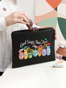 Túi đựng mỹ phẩm in chữ "God Says You Are", túi du lịch dễ thương dành cho nữ, túi đựng mỹ phẩm nhẹ, tiện dụng khi đi du lịch, ví đựng tiền xu đa năng. - Nhiều màu - Xem 6