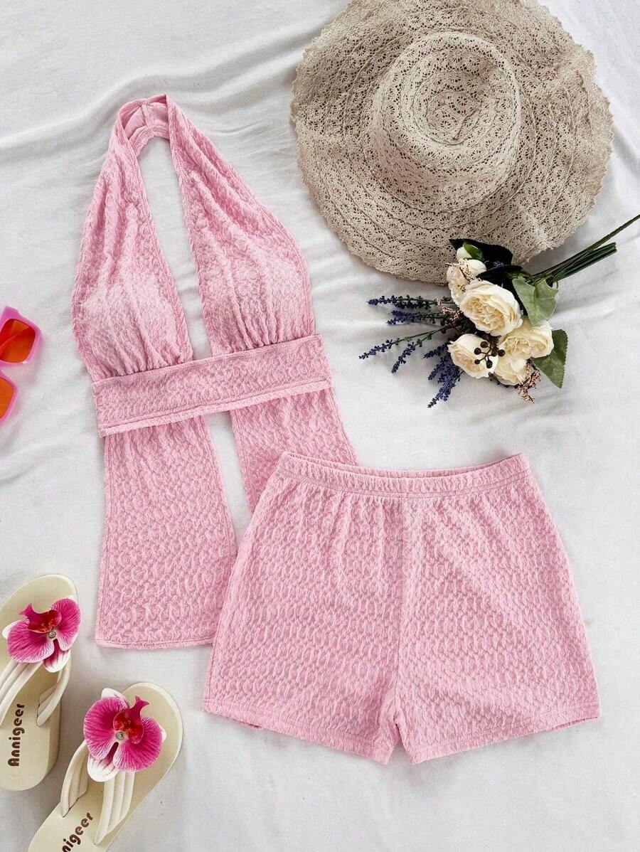 Conjunto de 2 piezas de top halter y shorts de moda para mujer de vacaciones - Rosa - Ver 1