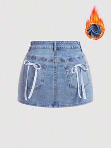 Falda mini de mezclilla con decoración de lazo para verano - Azul - Ver 1