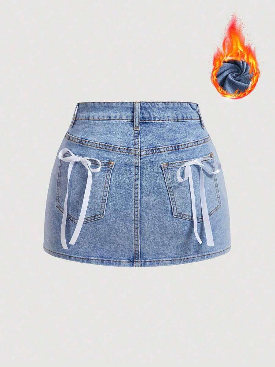 Falda mini de mezclilla con decoración de lazo para verano - Azul - Ver 1