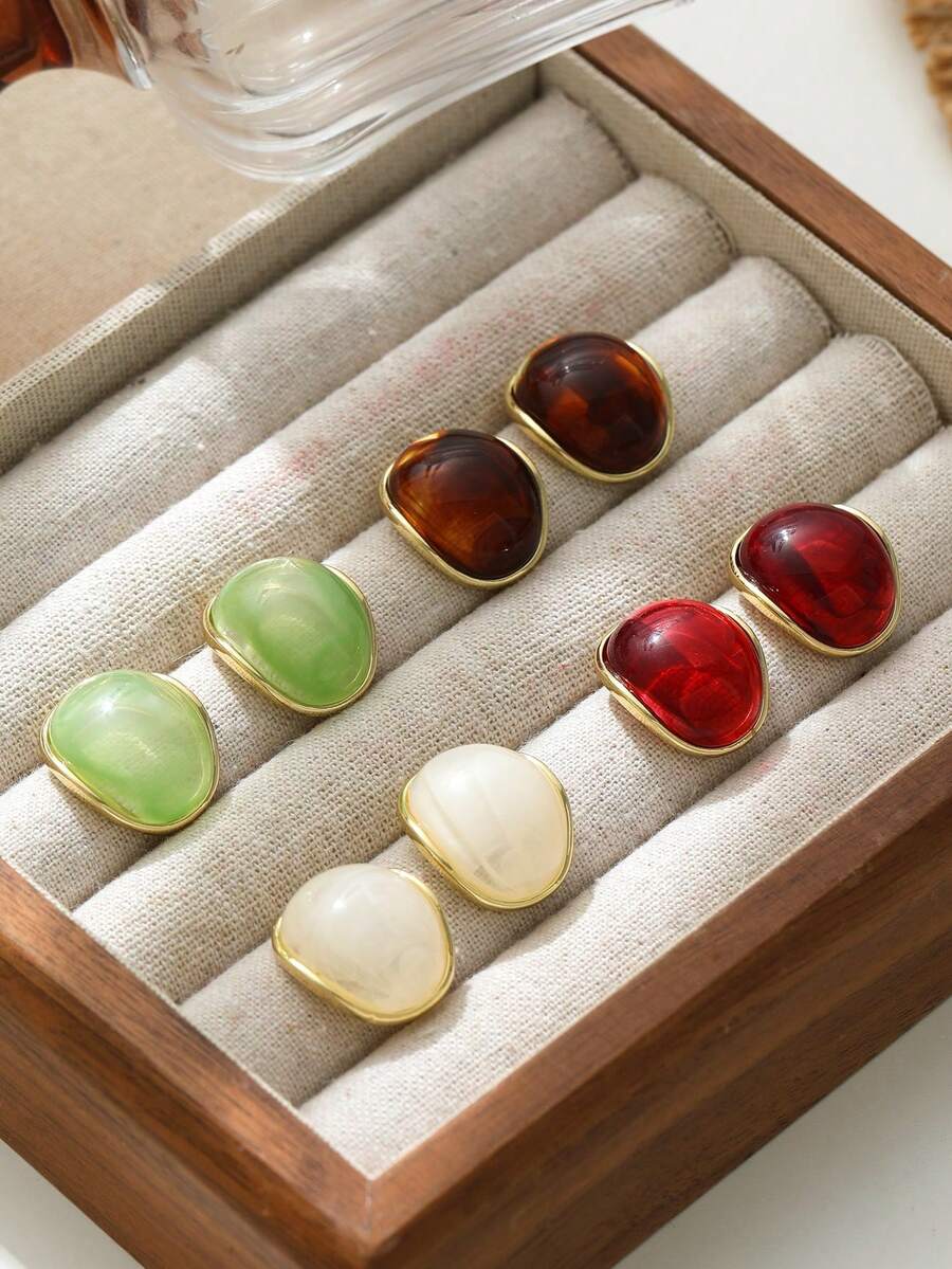 Colorful Translucent Rounded Arch Stud Earrings - Green/Red/Brown/White Resin Earrings - Multicolor 3 - View 1