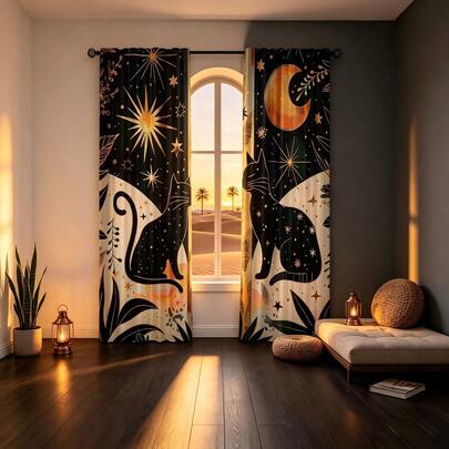 2 peças Cortinas de Estilo Boêmio com Gato Preto, com um Gato Preto Misterioso combinado com Impressão de Sol, Lua e Estrela Dourada. A impressão plana 2D permite a passagem de luz, tornando-as adequadas para quartos, salas de estar e decoração doméstica.