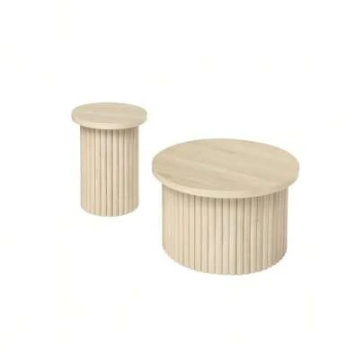 Set Of 2 Round Coffee Tables With Natural Wood Look And Wavy Structure – Integrated Side Table, Ideal For The Living Room, Bedroom, Office Or Study.