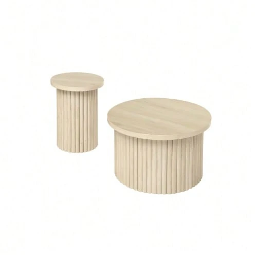 Set Of 2 Round Coffee Tables With Natural Wood Look And Wavy Structure – Integrated Side Table, Ideal For The Living Room, Bedroom, Office Or Study. - Natural Color - View 1