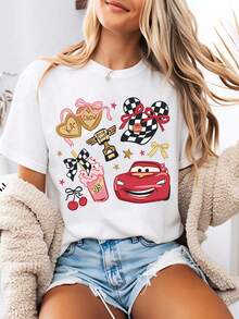 Disney-Style Women's Printed T-Shirt Featuring A Sweet Cartoon Print Of Lightning McQueen From Cars. This Round-Neck Summer Top Is Crafted From Soft, Comfortable 100% Cotton Fabric, Perfect For Everyday Wear, Outdoor Activities, Or Shopping. It Also Makes An Ideal Choice For Women's Vacation Wear. - trắng - Xem 1