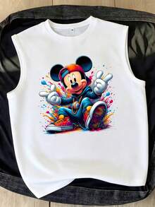 Disney Men's Sleeveless Crew Neck Tank Top, Hip Hop Mickey Mouse With Peace Sign, Gold Chain And Sneakers Colorful Graffiti Splatter Graphic Print, Milk Silk Fabric, Soft Breathable Casual Muscle Shirt For Streetwear, Daily Wear And Urban Fashion - 白色 - 查看 2