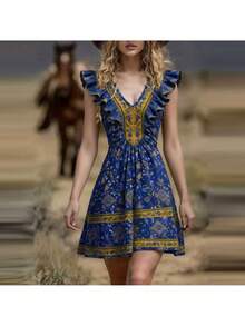 Vestido femenino con estampado localizado de , nueva colección primavera-verano 2026 - Azul - Ver 2