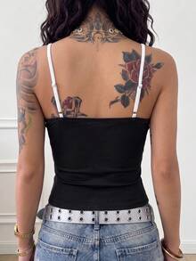 Áo tank top hai dây nữ phong cách Y2K, họa tiết ngôi sao và chữ cái, viền tương phản, thích hợp cho mùa hè. - Đen và trắng - Xem 2