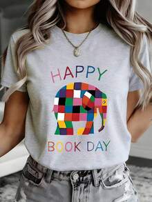 Día del Libro Alegre, Elefante de Bloques Coloridos, Resaltado sobre un Fondo Negro, Lleno de Diversión, Sudadera con Estampado Direccional para Primavera y Verano, Top Casual de Cuello Redondo, Camiseta de Manga Corta, Top Cómodo para Mujer 10244 - Negro - Ver 8