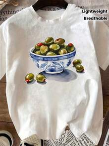 Women's Casual Short-Sleeved T-Shirt With A Blue Bowl And Watercolor Design, Made From A Lightweight, Breathable, Machine-Washable Fabric. Perfect For Any Season, Pure Cotton Short Sleeves. - 白色 - 查看 2