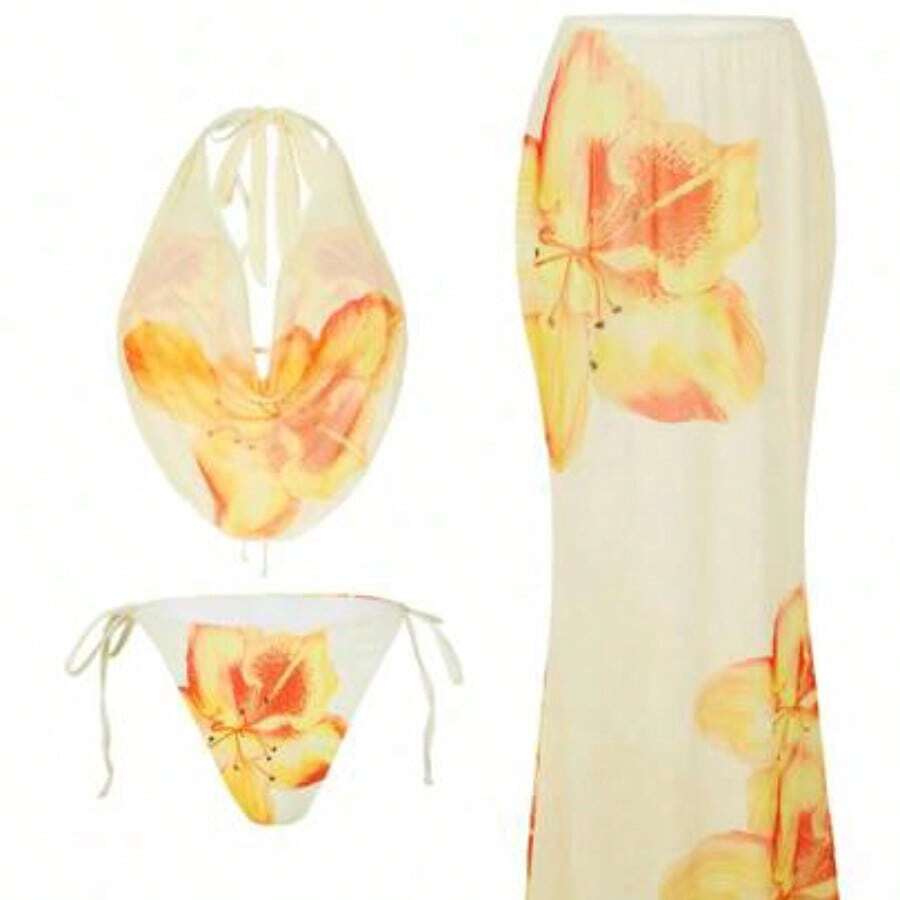 Swim Oasis Plus Size Women Summer Beach Floral Print Halter Tie Sexy Bikini Set With Sarong Skirt Hibiscus Swimsuit Swimwear 3 Pieces Set Valentines Bikini Set With Cover Up Three-Piece Bathing Suit Swimsuit Set With Cover Up - Beis - Ver 1