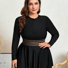 Swim  Summer Beach Plus Size Zipper Closure Long Sleeve Vest-Style Tankinis - Negro - Ver 4