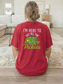New Summer Collection 2026: Fashionable Women's T-Shirt [Double-Sided Print], Casual Short-Sleeve Round Neck Top, Printed With Green Pickle Cans And Text, Suitable For Casual Wear, Multipurpose Clothing, Fashionable T-Shirt, Comfortable Material, Summer T-Shirt For Style Enthusiasts. - 紅色 - 查看 3