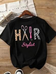 Women's Casual Hair Stylist Leopard Zebra Print Black Round Neck Short Sleeve T-shirt Made from Knitted Fabric - Negro - Ver 6