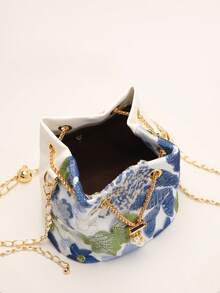 1pc Colorful PVC Floral & Leaf Pattern Embroidered Linen Bucket Bag, New Holiday Style Shoulder Bag, Fashion Versatile Chain Crossbody Bag (Floral Pattern Randomly Cut And Distributed) - Blue - View 7