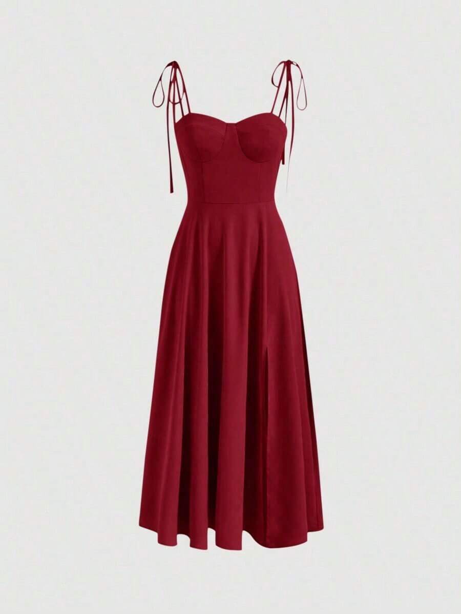 Vestido con abertura y lazo floral - Burdeos - Ver 1