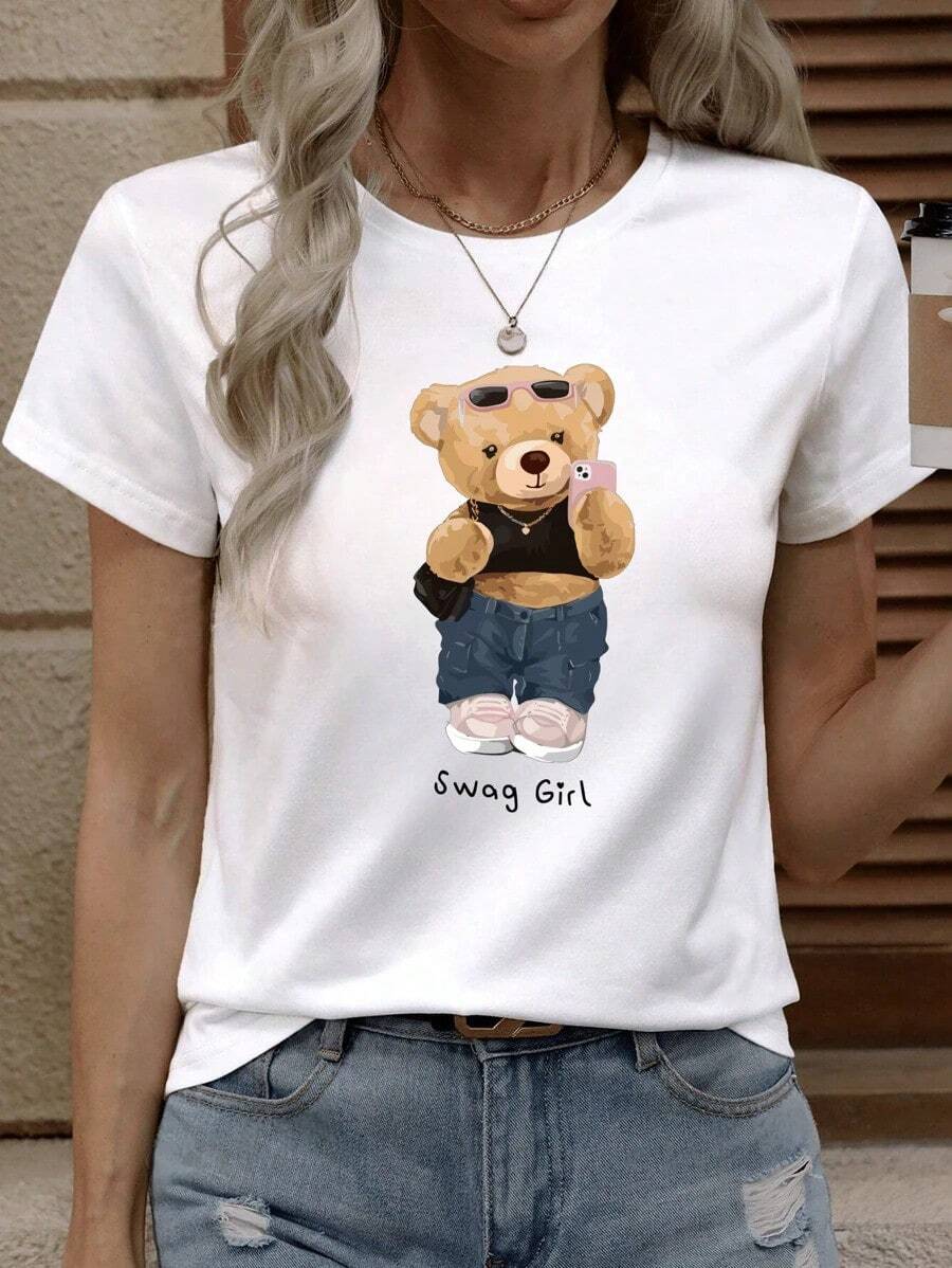 Camiseta de Algodón de Manga Corta con Estampado de Oso de Payeah Fashion, Moderna, Estilo Urbano Vintage, Unisex, Holgada, de Algodón, con Cuello Redondo - Blanco - Ver 1