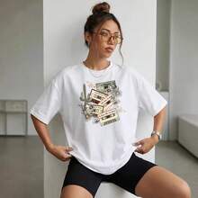 Camiseta de manga corta 100% algodón puro, nuevo estilo de verano, top holgado con estampado casual personalizado de estilo americano para mujer. - Blanco - Ver 2