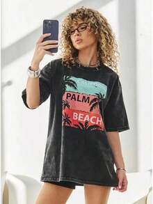 Nueva camiseta vintage lavada para mujer, de manga corta, corte ajustado, de algodón puro, estilo retro lavado, hombros caídos, longitud media, corte holgado. - Negro - Ver 9