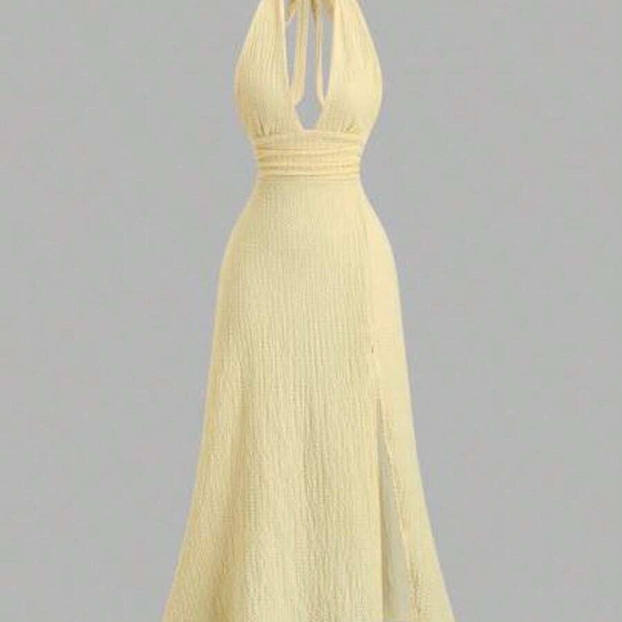 Sweetro Sexy Halter Deep V-Neck Backless Fitted Slit Solid Color Dress - Amarillo - Ver 1