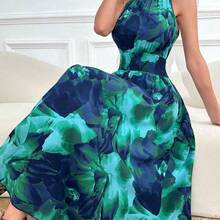 Women's Blue Tie Dye Print Sleeveless Halter Waist Tie A-Line Dress - Rosa - Ver 2