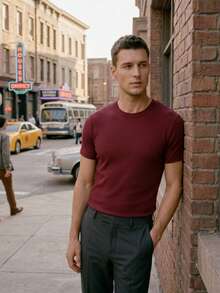 Men's Casual T-Shirt Slim Fit Basic Social Fashion - 酒紅色 - 查看 1