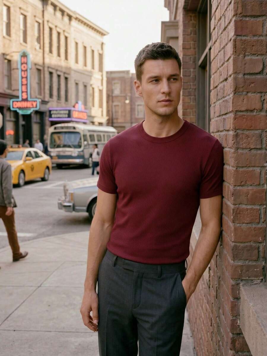 Men's Casual T-Shirt Slim Fit Basic Social Fashion - 酒紅色 - 查看 1