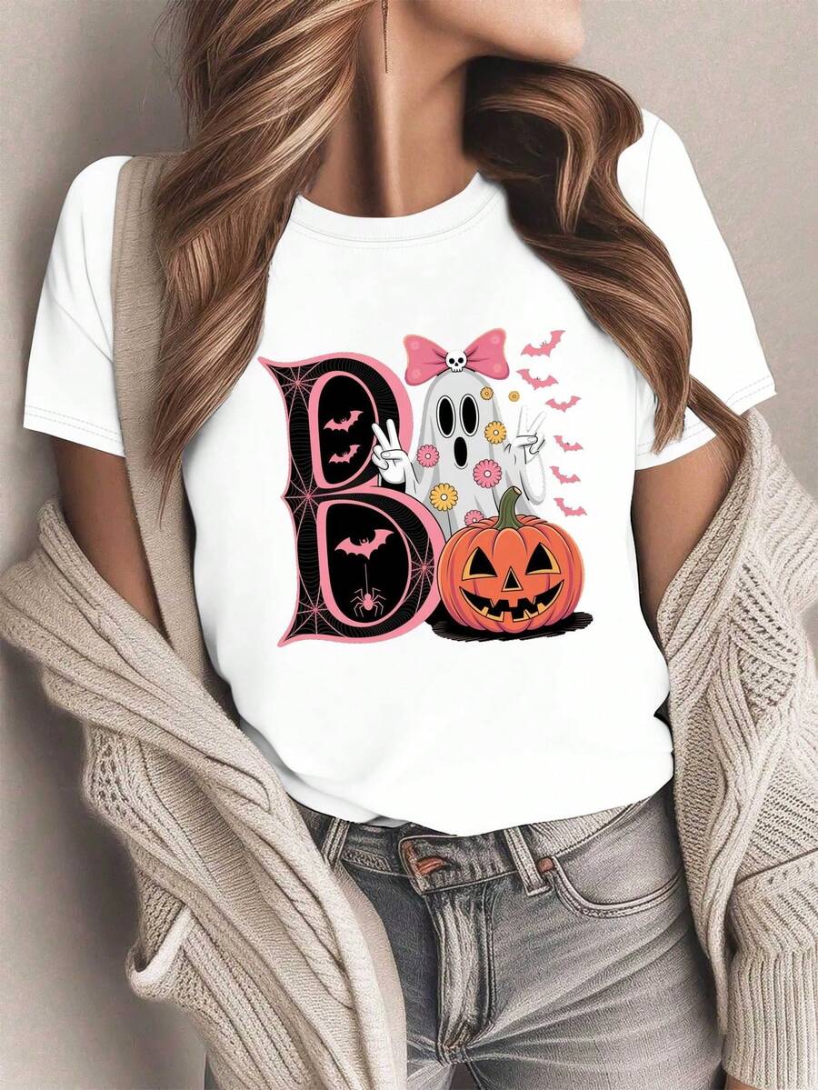 Camiseta de Halloween para Mujer - Diseño de Boo y Telaraña con Lazo Rosa y Murciélagos - Manga Corta y Cuello Redondo para Fiestas de Disfraces o Atuendo Casual - Conjunto Gótico en Rosa Suave y